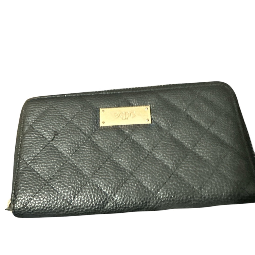 BCBG Black Quilted Leather  zip around Wallet gold accents